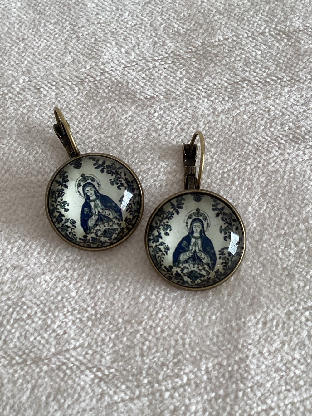 Vintage-Inspired Blue Religious Drop Earrings - Unbranded